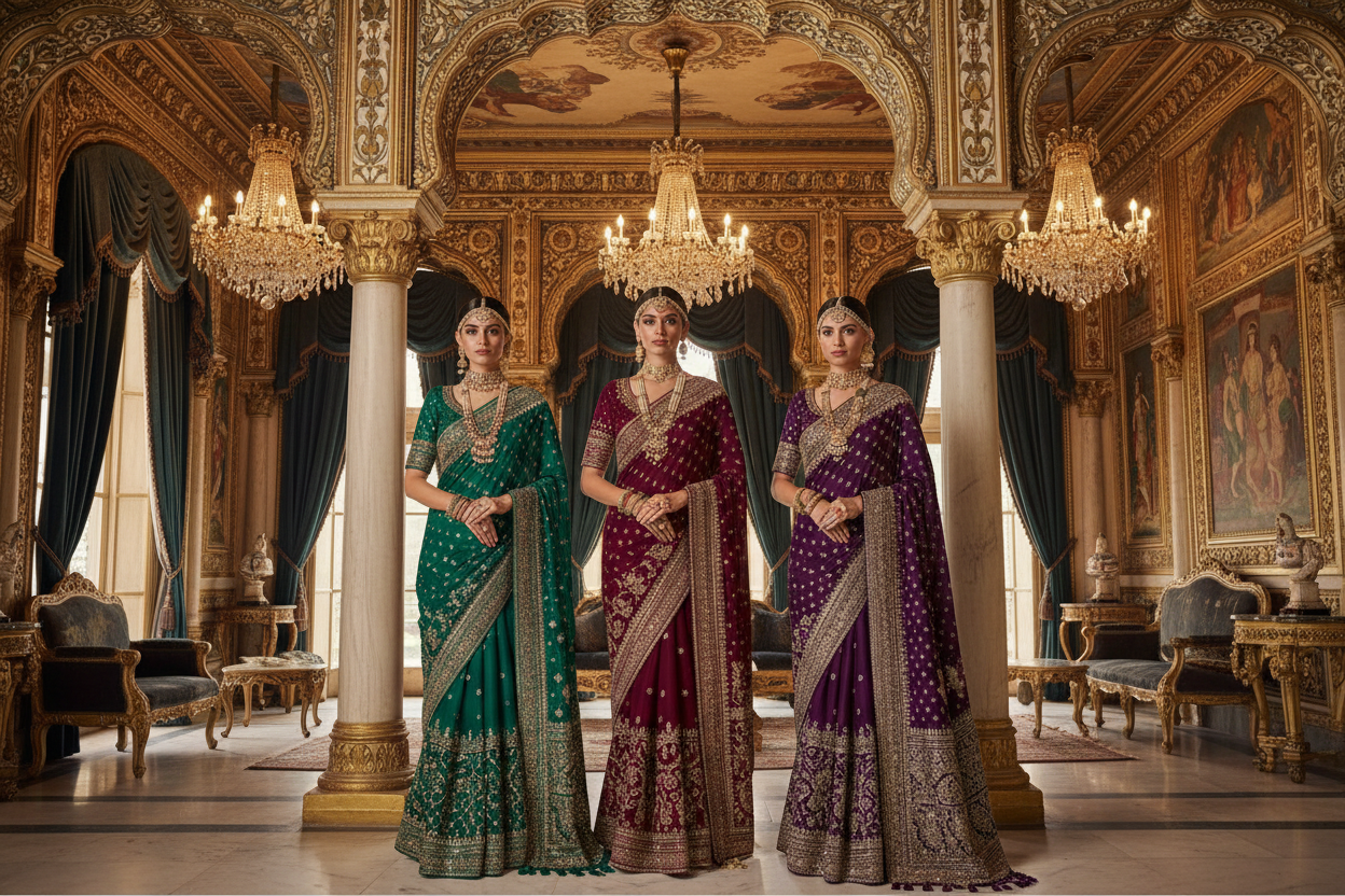 Ladies wearing heavy sarees with royal background