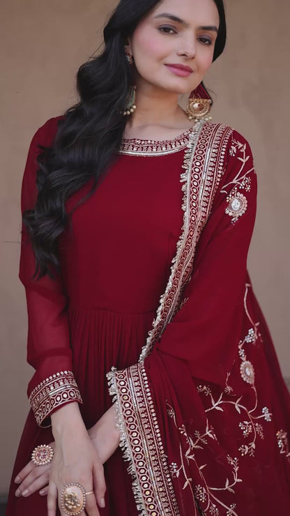 Deep Maroon Georgette Embroidered Festive Anarkali Gown