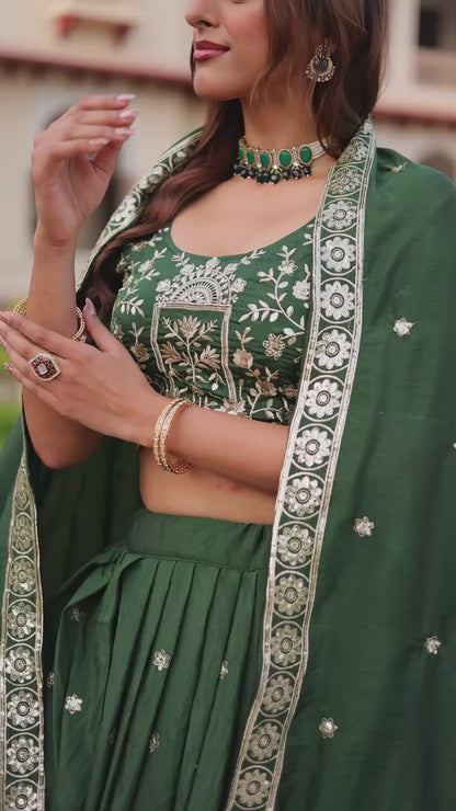 Forest Green Floral & Peacock Embroidery Lehenga Choli
