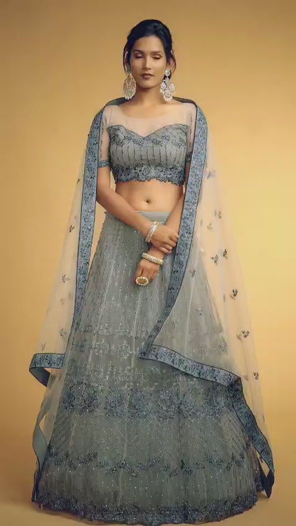 Elegant Grey Embroidered Net Lehenga Choli