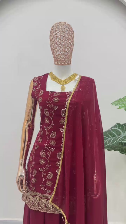 Exquisite Georgette Sharara Suit with Elegant Gold Floral Embroidery