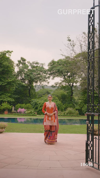 Straight-cut Kurta paired with a voluminous Plazzo and a digitally printed Dupatta