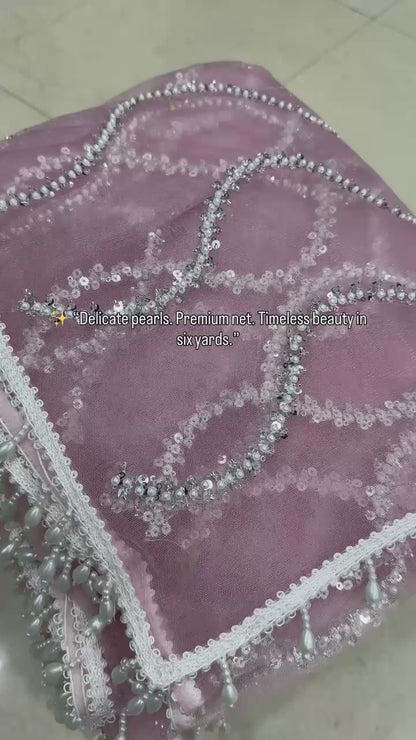 Designer handwork net saree with pearl tassles