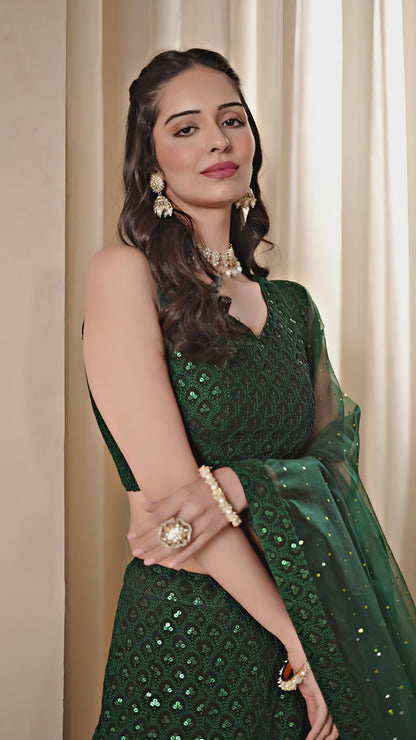 Turn heads in this captivating green georgette lehenga choli