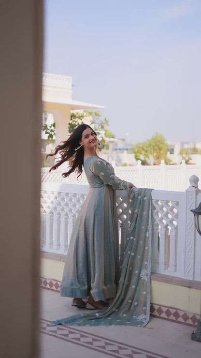 Beautiful dusty blue gown with metallic sheen