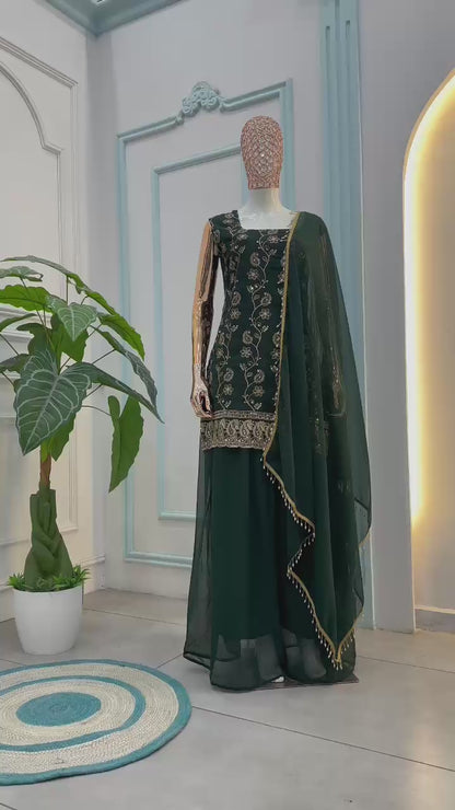 Exquisite Georgette Sharara Suit with Elegant Gold Floral Embroidery