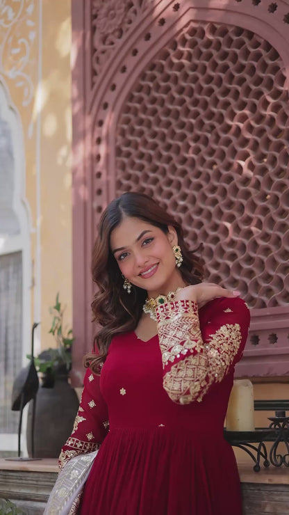 Crimson Red Faux Blooming Anarkali Gown with Zari Sequin Embroidery & Dupatta