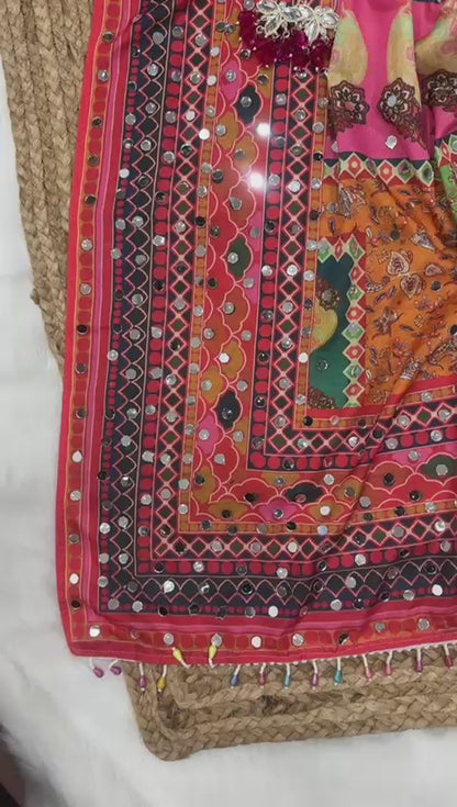 Stay beautiful with our new crepe silk digital print Saree with real mirror work