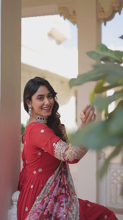 Floor-Length Anarkali gown with a vibrant Floral Dupatta