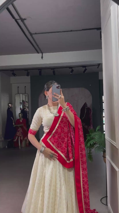 Off-White and Crimson Bandhej Print Lehenga Choli Set