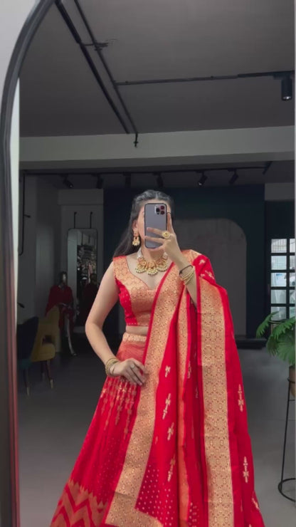 Regal Banarasi Silk Lehenga Choli with Zari Weaving & Dupatta