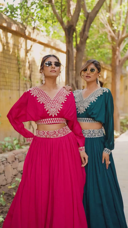 Vichitra Silk Co-ord Lehenga Set with Thread Embroidery & Stitched Blouse