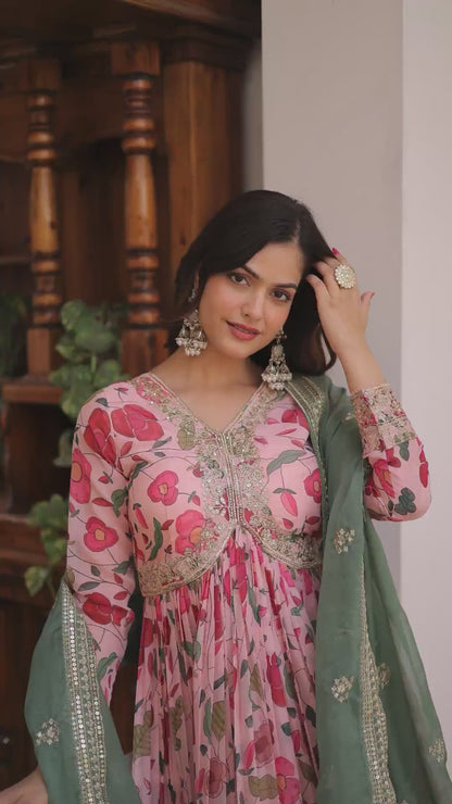 Floral digital printed gown with dupatta