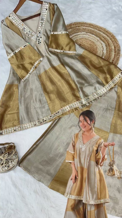 Antique Gold & Ivory Mirror-Work Suit with Batwa