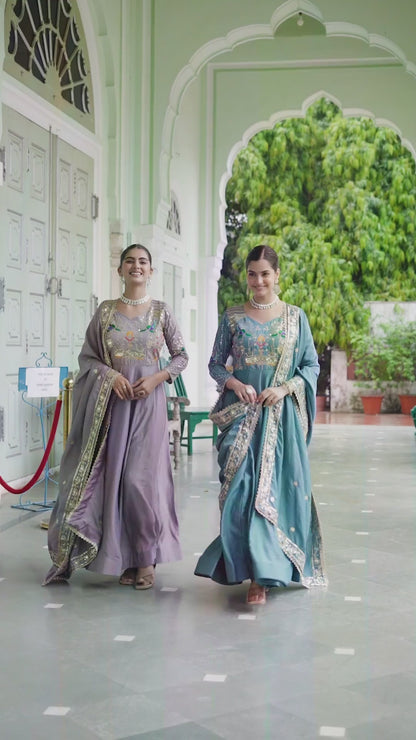 Vichitra Silk Anarkali Gown with Zari Sequin & Multi-Thread Embroidery