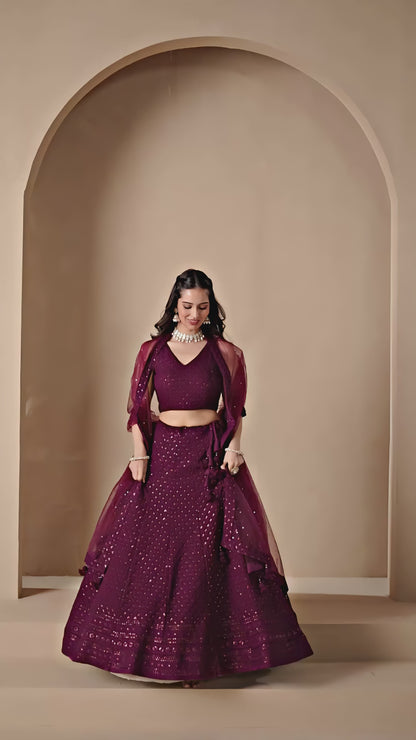 Bridesmaid Wine Georgette Lehenga Choli with Sequin & Resham Embroidery