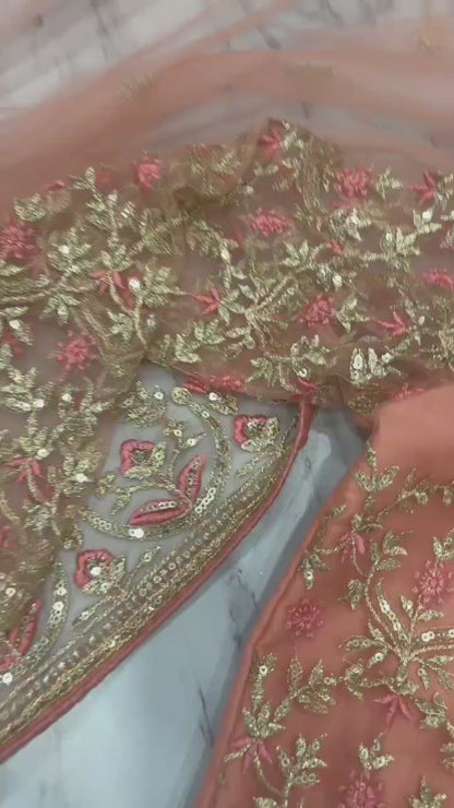 Peach Butterfly Net Saree with Intricate Zari Embroidery and Scalloped Borders