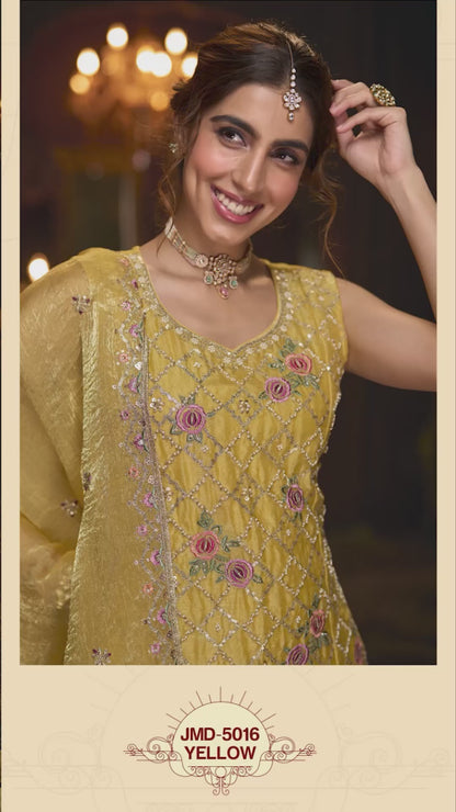 Yellow Floral Embroidered Fendi Kurta Sharara Set with Dupatta