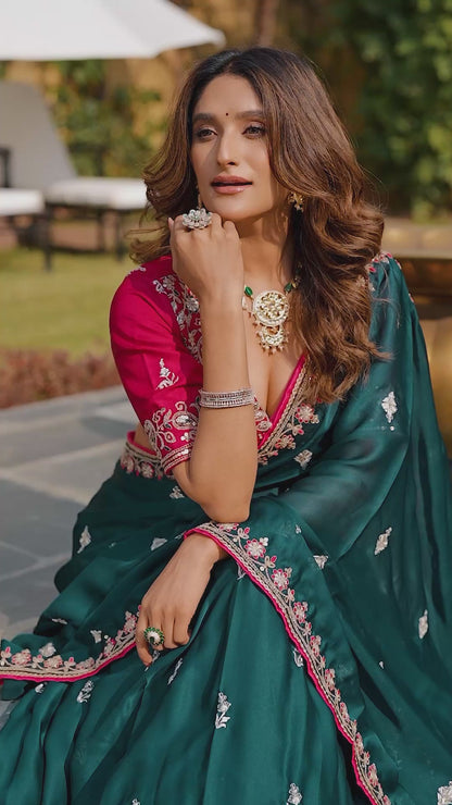 Festive Emerald Green Silk Satin Lehenga Choli with Sequin Embroidery & Dupatta
