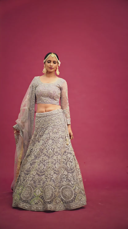 Soft Lavender Heavy Embroidered Net Lehenga Choli with Dupatta