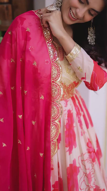 Roseate Bloom Printed Anarkali Gown