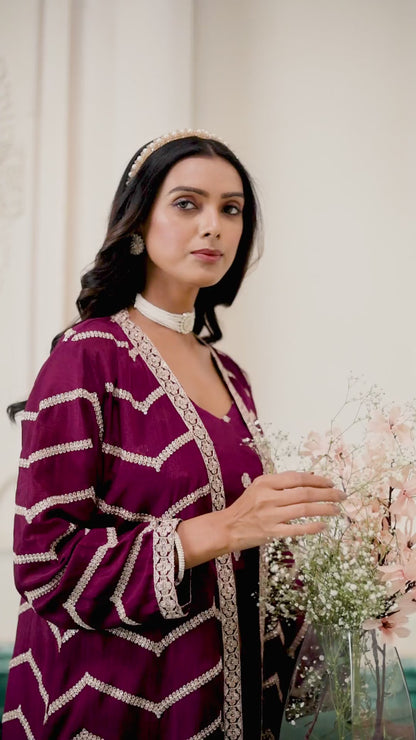Chevron Zari Work Long Shrug Set with Crop Top and Palazzos