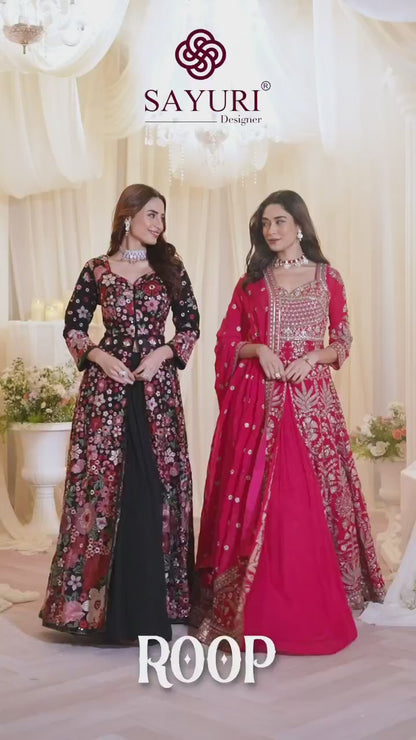 Floor-length, front-jacket floral embroidered lehenga