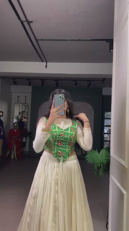 Pleated Lehenga Skirt with Green Jacquard Silk Jacket